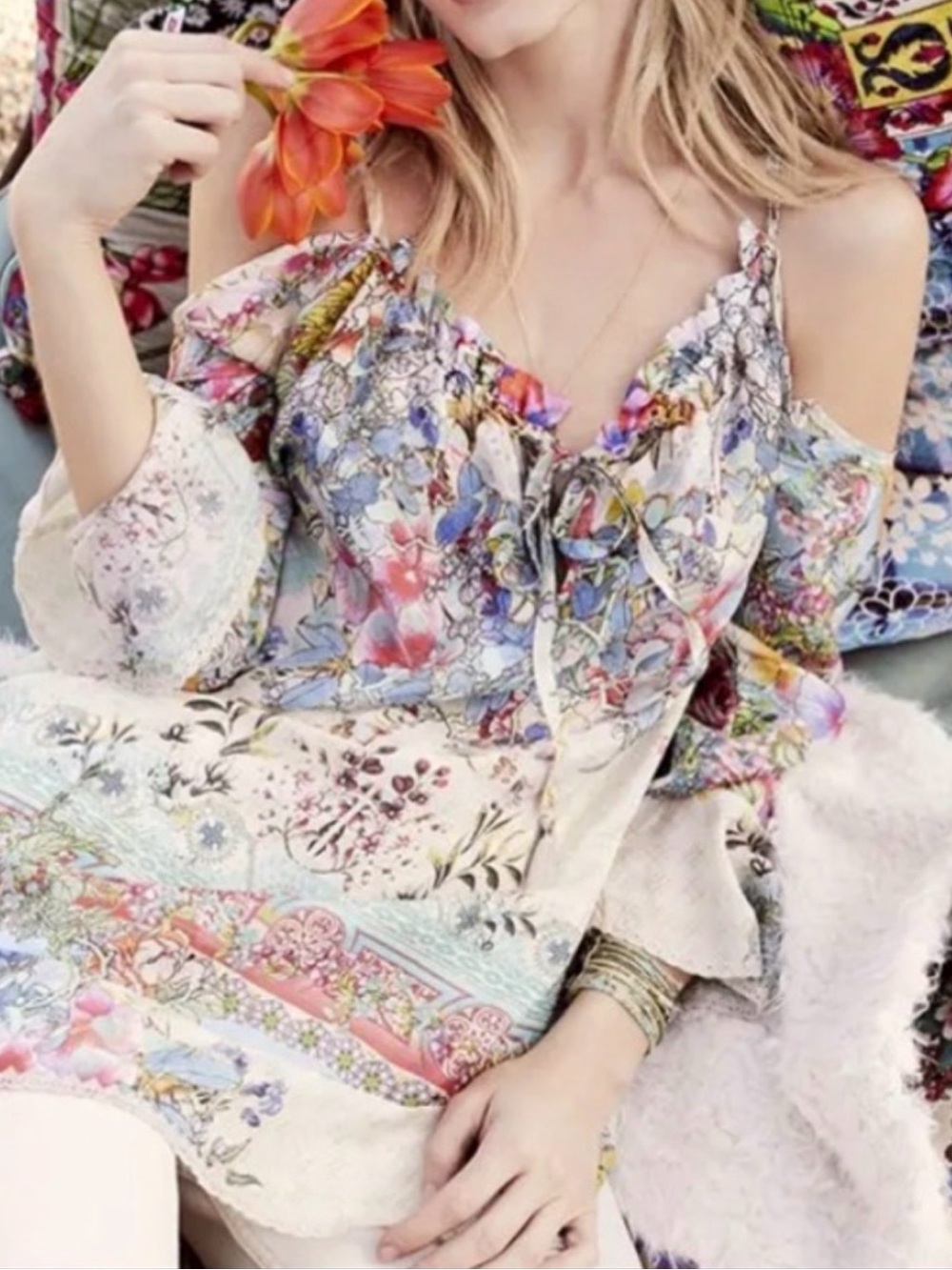 Johnny Was Cream Multicolor Floral Cold-Shoulder Tunic